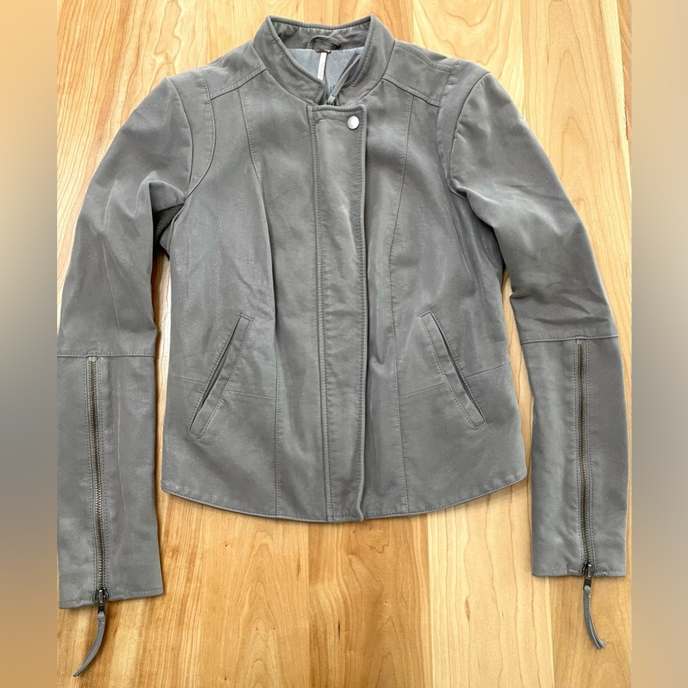 Free People Women's 6 Gray Faux Leather Moto Biker Jacket